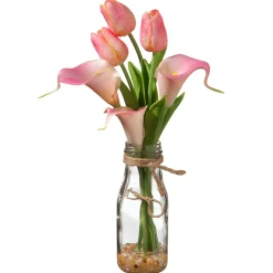 Artificial Flower Bouquet In Glass Vase, Pink Tulips, Decorated With Leafy Greens, Spring Collection, 12 Inches^National Tree Company Sale