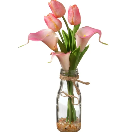 Artificial Flower Bouquet In Glass Vase, Pink Tulips, Decorated With Leafy Greens, Spring Collection, 12 Inches^National Tree Company Sale