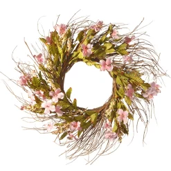 Artificial Hanging Wreath, Woven Branch Base, Decorated With Dogwood Flowers, Leafy Greens, Spring Collection, 22 Inches^National Tree Company Store