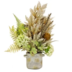 Artificial Potted Plant Table Decoration, White, Decorated With Hydrangea Blooms, Assorted Palms, Spring Collection, 33 Inches^National Tree Company Best
