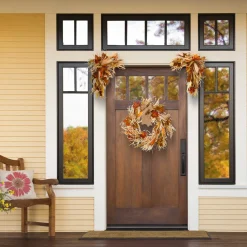 Outlet National Tree Company Artificial Autumn Door Corners, Set Of 2, Decorated With Corn Husks, Raffia Leaves, Berry Clusters, Harvest Collection, 24 Inches
