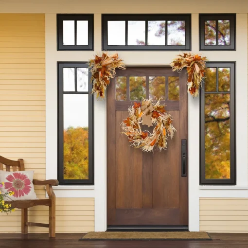 Outlet National Tree Company Artificial Autumn Door Corners, Set Of 2, Decorated With Corn Husks, Raffia Leaves, Berry Clusters, Harvest Collection, 24 Inches