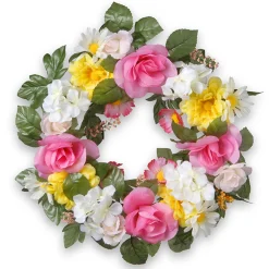 Artificial Hanging Wreath, Woven Branch Base, Decorated With Multicolor Daisy And Rose Blooms, Leafy Greens, Berry Clusters, Spring Collection, 18 Inches^National Tree Company Best Sale