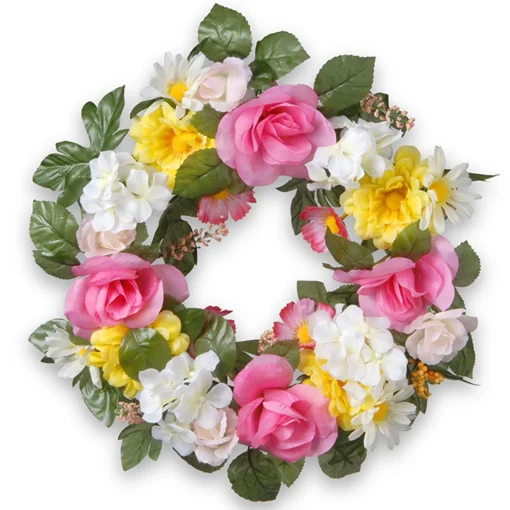 Artificial Hanging Wreath, Woven Branch Base, Decorated With Multicolor Daisy And Rose Blooms, Leafy Greens, Berry Clusters, Spring Collection, 18 Inches^National Tree Company Best Sale