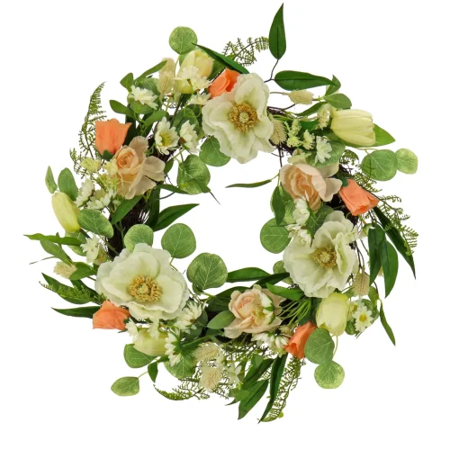 Artificial Wreath Decoration, Pink, Woven Branch Base, Decorated With Tulip Blooms, Poppies, Buttercup Blossoms, Flowing Green Stems, Spring Collection, 22 Inches^National Tree Company Cheap