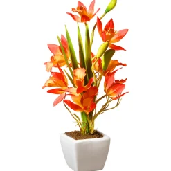 Artificial Potted Flowers, Yellow And Orange Orchids, Includes White Base, Spring Collection, 13 Inches^National Tree Company Online