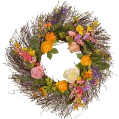 Artificial Hanging Wreath, Woven Branch Base, Decorated With Flower Blooms, Berry Clusters, Leaves, Spring Collection, 24 Inches^National Tree Company Fashion