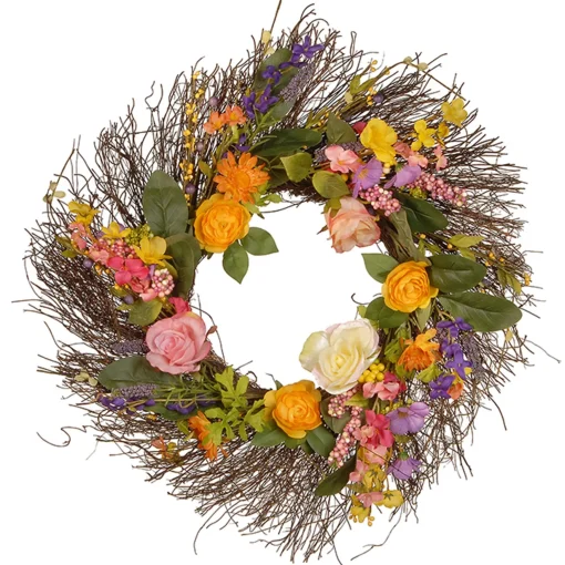 Artificial Hanging Wreath, Woven Branch Base, Decorated With Flower Blooms, Berry Clusters, Leaves, Spring Collection, 24 Inches^National Tree Company Fashion