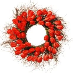 Artificial Hanging Wreath, Woven Branch Base, Decorated With Red Tulip Blooms, Flowing Green Stems, Spring Collection, 24 Inches^National Tree Company Sale