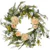 Artificial Hanging Wreath, Woven Branch Base, Decorated Pink And White Flower Blooms, Yellow Berry Clusters, Fern Fronds, Spring Collection, 20 Inches^National Tree Company Store
