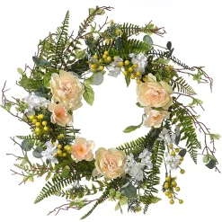 Artificial Hanging Wreath, Woven Branch Base, Decorated Pink And White Flower Blooms, Yellow Berry Clusters, Fern Fronds, Spring Collection, 20 Inches^National Tree Company Store