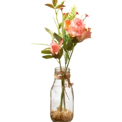 Artificial Flower Bouquet In Glass Vase, Pink Roses, Decorated With Leafy Greens, Spring Collection, 12 Inches^National Tree Company Flash Sale