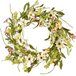Artificial Hanging Wreath, Vine Stem Base, Decorated With White And Purple Mixed Flower Blooms, Flowing Green Stems, Seed Pods, Spring Collection, 20 Inches^National Tree Company Clearance