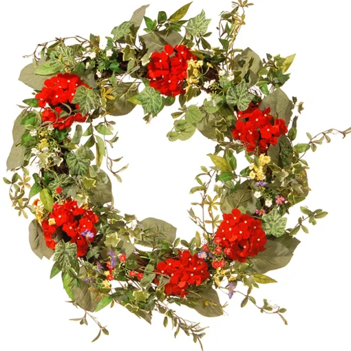Artificial Hanging Wreath, Woven Branch Base, Decorated With Red Flower Blooms, Flowing Green Stems, Spring Collection, 32 Inches^National Tree Company Online