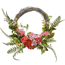 Artificial Hanging Wreath, Woven Branch Base, Decorated Red And Pink Flower Blooms, Yellow Berry Clusters, Fern Fronds, Spring Collection, 20 Inches^National Tree Company Cheap