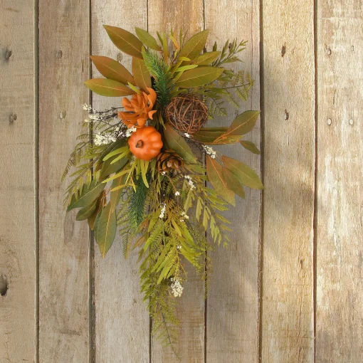 Shop National Tree Company Artificial Autumn Wall Decoration, Decorated With Fern Fronds, Leaves, Pumpkins, Twig Cones, Autumn Collection, 26 Inches