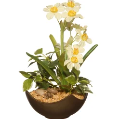 Artificial Potted Plant, Decorated With Narcissus Flower Blooms, Flowing Green Stems, Includes Stylish Brown Ceramic Pot Base, Spring Collection, 9 Inches^National Tree Company Store
