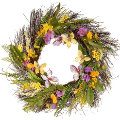Artificial Spring Hanging Wreath, Woven Branch Base, Decorated With Butterflies, Fern Fronds, Berry Clusters, Leafy Greens, Spring Collection, 24 Inches^National Tree Company Outlet