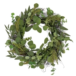 Artificial Wreath Decoration, Green, Woven Branch Base, Decorated With Eucalyptus Leaves, Baby'S Breath, Flowing Green Stems, Spring Collection, 22 Inches^National Tree Company Best