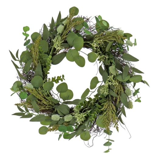 Artificial Wreath Decoration, Green, Woven Branch Base, Decorated With Eucalyptus Leaves, Baby'S Breath, Flowing Green Stems, Spring Collection, 22 Inches^National Tree Company Best