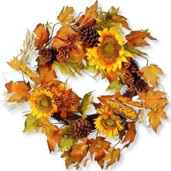 Hot National Tree Company Artificial Autumn Wreath, Decorated With Sunflowers, Pinecones, Berry Clusters, Corncobs, Maple Leaves, Autumn Collection, 24 In