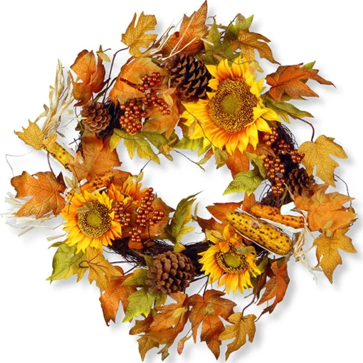 Hot National Tree Company Artificial Autumn Wreath, Decorated With Sunflowers, Pinecones, Berry Clusters, Corncobs, Maple Leaves, Autumn Collection, 24 In