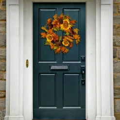 Hot National Tree Company Artificial Autumn Wreath, Decorated With Sunflowers, Pinecones, Berry Clusters, Corncobs, Maple Leaves, Autumn Collection, 24 In