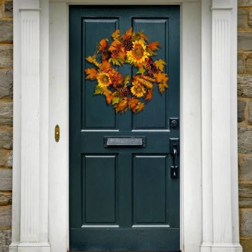 Hot National Tree Company Artificial Autumn Wreath, Decorated With Sunflowers, Pinecones, Berry Clusters, Corncobs, Maple Leaves, Autumn Collection, 24 In