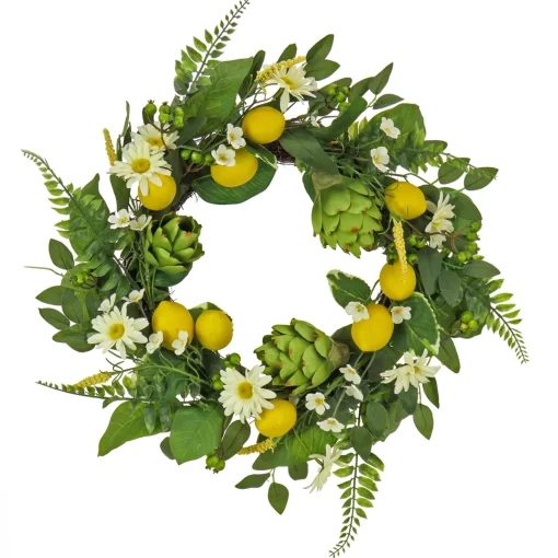 Artificial Spring Wreath, Woven Branch Base, Decorated With Lemons, Artichokes, Daisy Blooms, Leafy Greens, Spring Collection, 22 Inches^National Tree Company Store