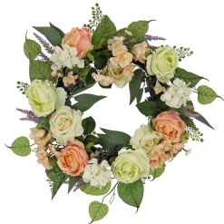 Artificial Spring Wreath, Woven Branch Base, Decorated With Rose And Peony Flower Blooms, Leafy Greens, Spring Collection, 24 Inches^National Tree Company Best