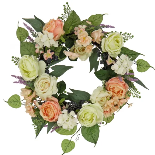 Artificial Spring Wreath, Woven Branch Base, Decorated With Rose And Peony Flower Blooms, Leafy Greens, Spring Collection, 24 Inches^National Tree Company Best