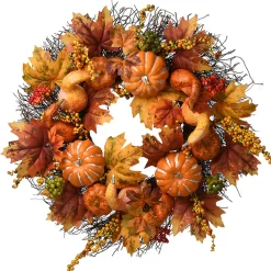 Best National Tree Company Artificial Autumn Wreath, Decorated With Pumpkins, Gourds, Berry Clusters, Maple Leaves, Autumn Collection, 22 In