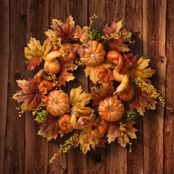 Best National Tree Company Artificial Autumn Wreath, Decorated With Pumpkins, Gourds, Berry Clusters, Maple Leaves, Autumn Collection, 22 In
