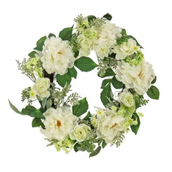 Artificial Wreath Decoration, Cream, Woven Branch Base, Decorated With Daisy, Peony And Buttercup Flower Blooms, Pink Seed Pods, Flowing Green Stems, Spring Collection, 22 Inches^National Tree Company Clearance