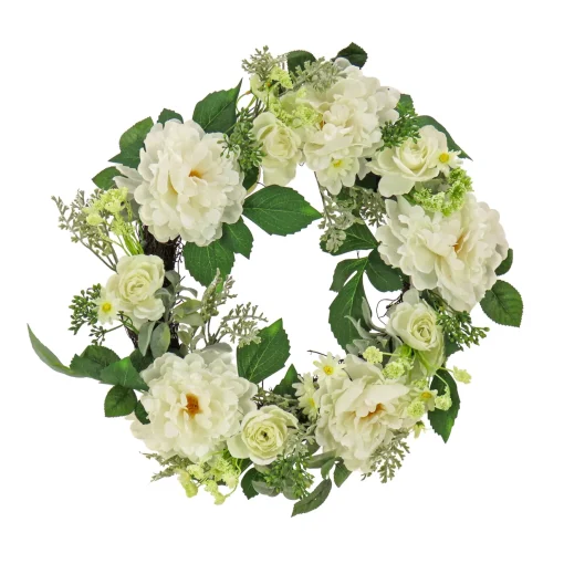 Artificial Wreath Decoration, Cream, Woven Branch Base, Decorated With Daisy, Peony And Buttercup Flower Blooms, Pink Seed Pods, Flowing Green Stems, Spring Collection, 22 Inches^National Tree Company Clearance