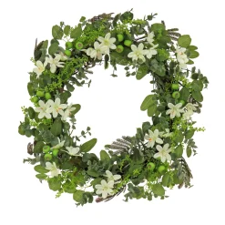 Artificial Wreath Decoration, Green, Woven Branch Base, Decorated With Mixed Flower Blooms, Flowing Green Stems, Spring Collection, 24 Inches^National Tree Company Sale