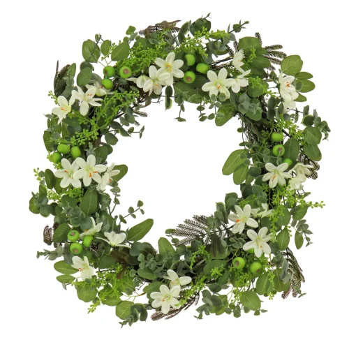 Artificial Wreath Decoration, Green, Woven Branch Base, Decorated With Mixed Flower Blooms, Flowing Green Stems, Spring Collection, 24 Inches^National Tree Company Sale