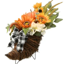 Clearance National Tree Company Artificial Wicker Cornucopia Basket Decoration, Decorated With Pumpkins, Sunflower Blooms, Assorted Leaves, Autumn Collection, 20 Inches