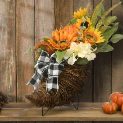 Clearance National Tree Company Artificial Wicker Cornucopia Basket Decoration, Decorated With Pumpkins, Sunflower Blooms, Assorted Leaves, Autumn Collection, 20 Inches