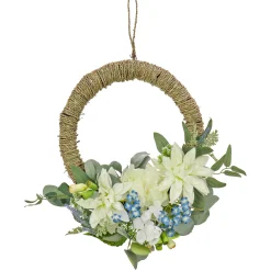 Artificial Wreath Decoration, Blue, Woven Hoop Ring Base, Decorated With Dahlia, Peony And Hydrangea Blooms, Seed Pods, Flowing Green Stems, Spring Collection, 20 Inches^National Tree Company Sale