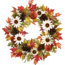 New National Tree Company Artificial Autumn Wreath, Decorated With Pumpkin Gourds, Pine Cones, Maple Leaves, Sunflower Blooms, Autumn Collection, 32 Inches