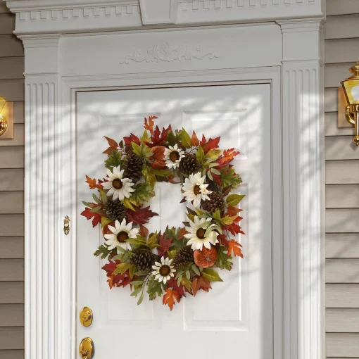 New National Tree Company Artificial Autumn Wreath, Decorated With Pumpkin Gourds, Pine Cones, Maple Leaves, Sunflower Blooms, Autumn Collection, 32 Inches