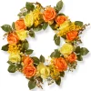 Artificial Hanging Wreath, Woven Branch Base, Decorated With Yellow And Orange Rose Blooms, Seed Pods, Berry Clusters, Leafy Greens, Spring Collection, 20 Inches^National Tree Company New