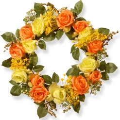 Artificial Hanging Wreath, Woven Branch Base, Decorated With Yellow And Orange Rose Blooms, Seed Pods, Berry Clusters, Leafy Greens, Spring Collection, 20 Inches^National Tree Company New