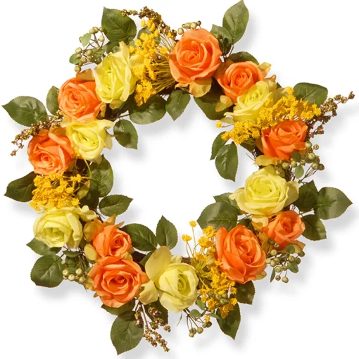 Artificial Hanging Wreath, Woven Branch Base, Decorated With Yellow And Orange Rose Blooms, Seed Pods, Berry Clusters, Leafy Greens, Spring Collection, 20 Inches^National Tree Company New