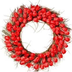 Artificial Hanging Wreath, Woven Branch Base, Decorated With Red Tulip Blooms, Flowing Green Stems, Spring Collection, 32 Inches^National Tree Company Best Sale