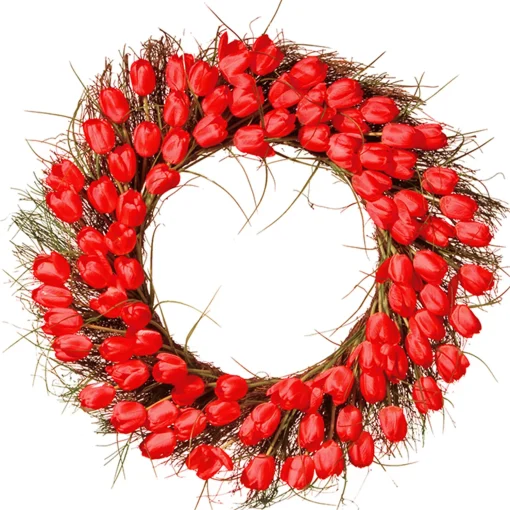 Artificial Hanging Wreath, Woven Branch Base, Decorated With Red Tulip Blooms, Flowing Green Stems, Spring Collection, 32 Inches^National Tree Company Best Sale