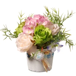 Artificial Potted Flowers, Assorted Flower Blooms, Decorated With Leafy Greens, Includes White Wicker Basket Base, Spring Collection, 7 Inches^National Tree Company Cheap