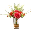 Artificial Flower Bouquet In Glass Vase, Red Roses, Decorated With Leafy Greens, Spring Collection, 12 Inches^National Tree Company Cheap