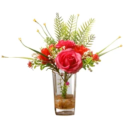 Artificial Flower Bouquet In Glass Vase, Red Roses, Decorated With Leafy Greens, Spring Collection, 12 Inches^National Tree Company Cheap